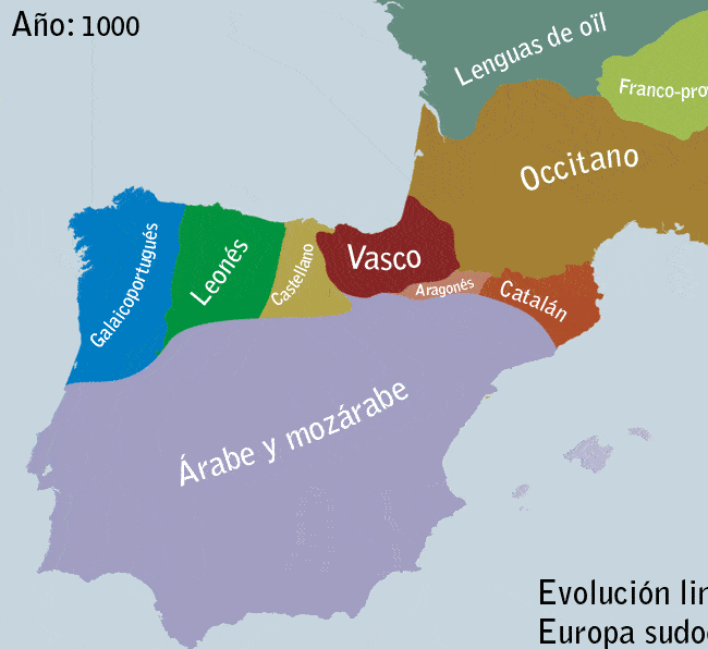 map of the evolution of languages ​​and languages ​​in Spain and its expansion